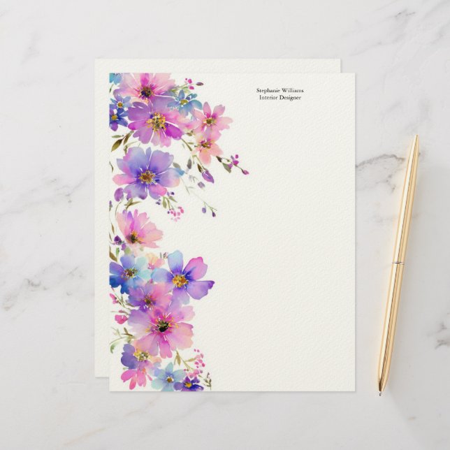 Papel Timbrado Personalized Purple Pink Wildflowers Florals  (Frente/Verso In Situ)