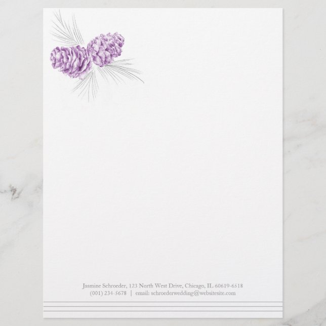Papel Timbrado Pine cones, cinza roxa, cabeça de casamento (Frente)