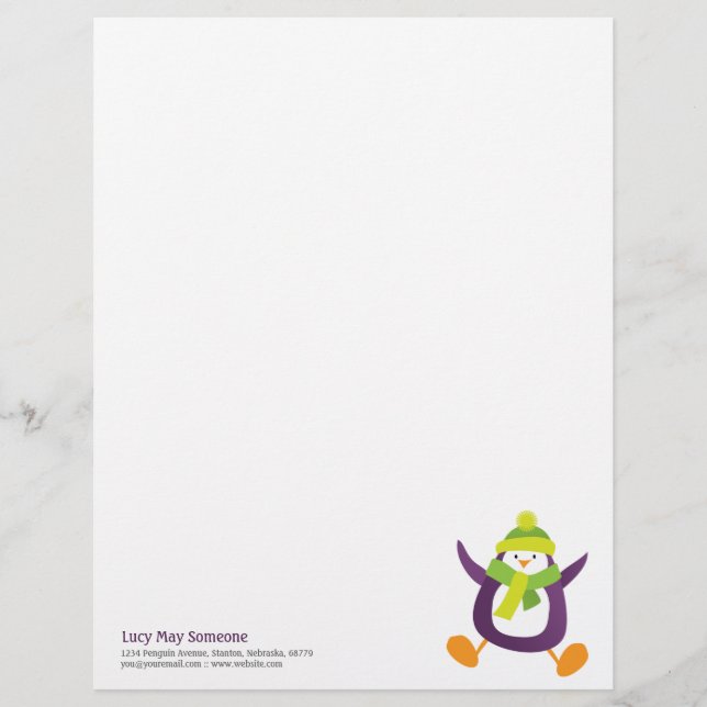 Papel Timbrado Pinguim roxo lunático bonito Personalizable Lette (Frente)