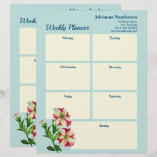 Papel Timbrado Planejador Semanal Aquarela Petúnias Rosa e Branca