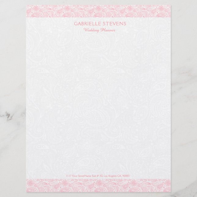 Papel Timbrado Plush white paisley com faixas de paisley rosa (Frente)