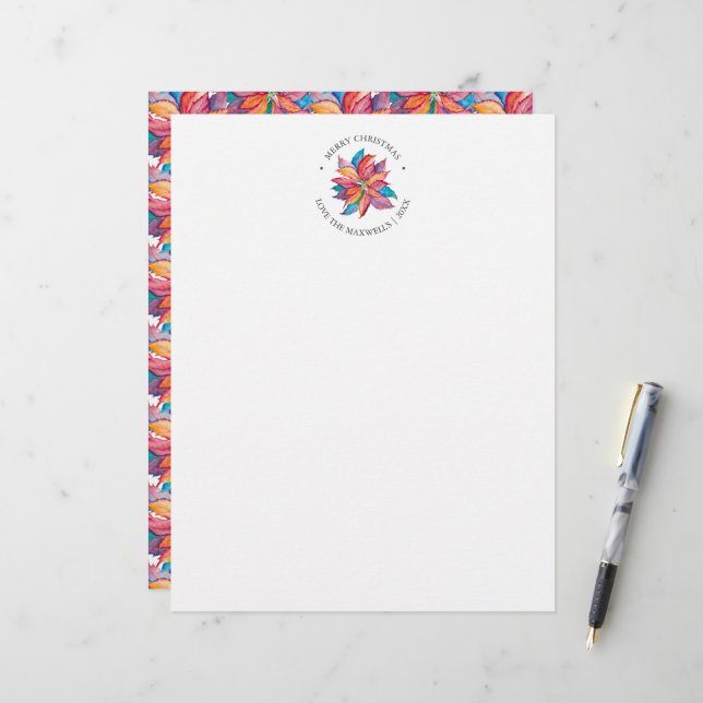 Papel Timbrado Ponta Única de Aquarela Poinsettia de Natal (Frente/Verso In Situ)