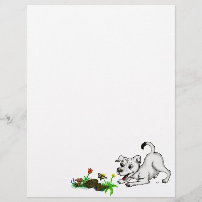 Papel Timbrado Primavera despertando, puppy com flores e borbolet (Frente)