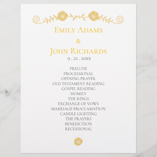 Papel Timbrado Programa de Casamento Floral Amarelo Dourado e Bra (Frente)