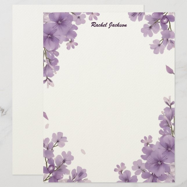 Papel Timbrado Purple Floral Stationery Paper (Frente/Verso)