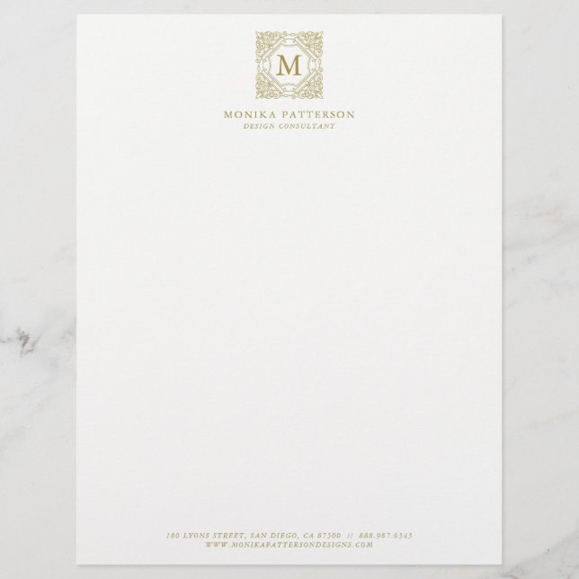 Papel Timbrado Quadro Ornamental Monograma Dourado Elegante (Frente)