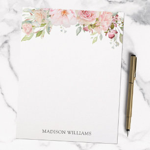 Papel Timbrado Rosa Flor de Aquarela Rosa Monogramada Elegante