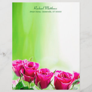 Papel Timbrado Rosas cor-de-rosa fúcsia na luz - fundo verde