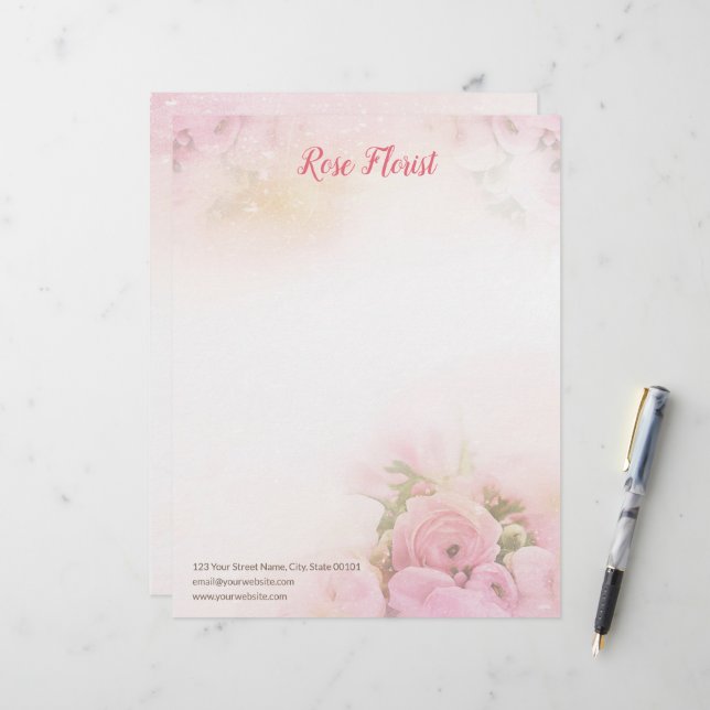 Papel Timbrado Rosas Rosa Florista Letterhead (Frente/Verso In Situ)