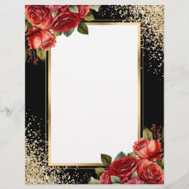 Papel Timbrado Rosas Vermelhas Brilho Ouro Preto