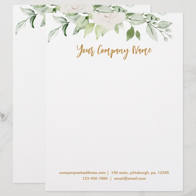 Papel Timbrado Script Dourado Floral e Verde (Frente/Verso)