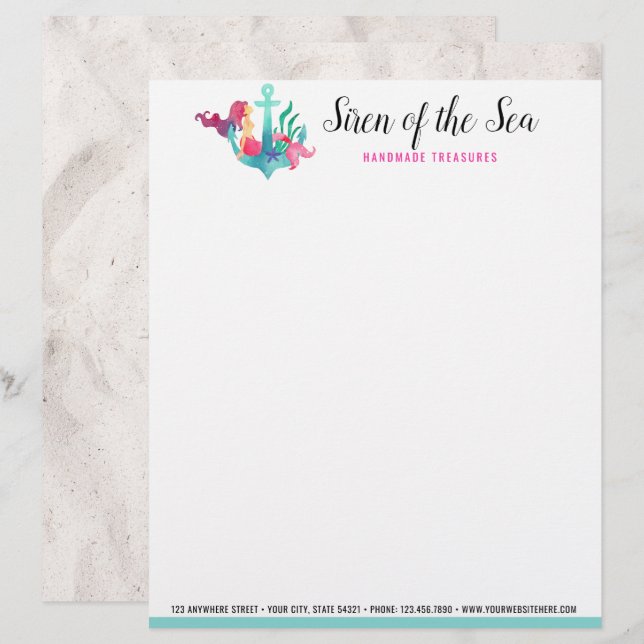 Papel Timbrado Sereia em Anchor Aquarela Náutica Areia de Praia (Frente/Verso)
