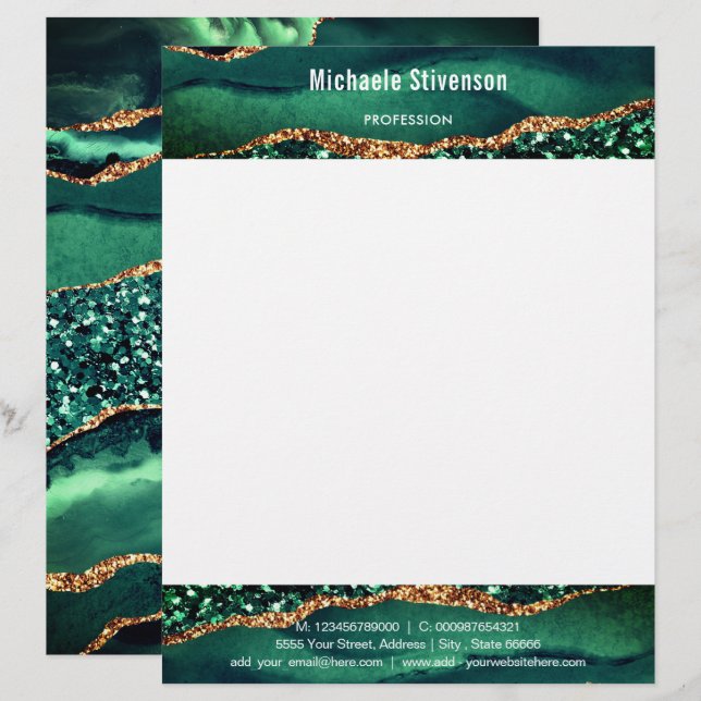 Papel Timbrado Seu nome é Letterhead Agate Glitter Verde Dourado (Frente/Verso)