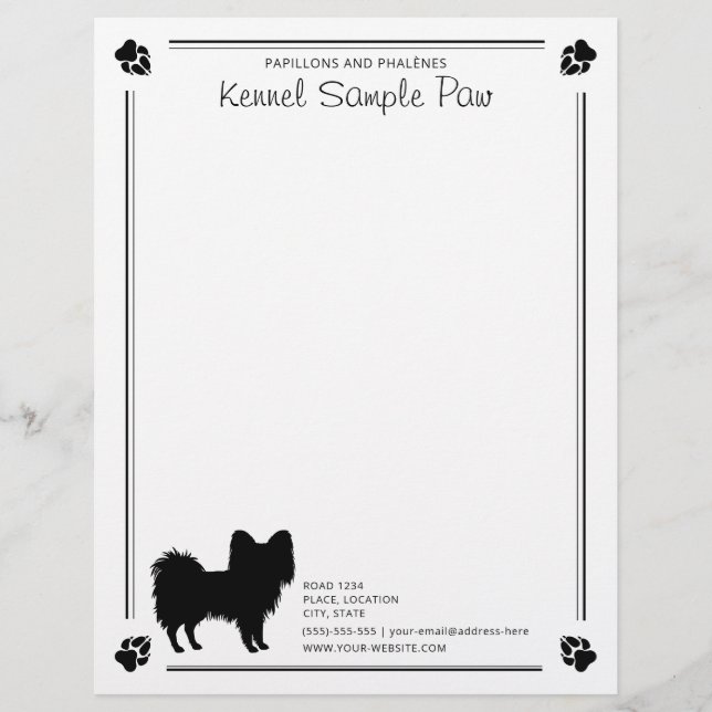 Papel Timbrado Silhueta de Cachorro Papillon com Patas e Texto Pe (Frente)