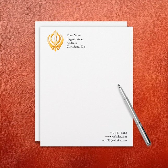 Papel Timbrado Símbolo Sikh (Sikh Letterhead, Gold Khanda, symbol of the Sikh religion. Customize with your text.)