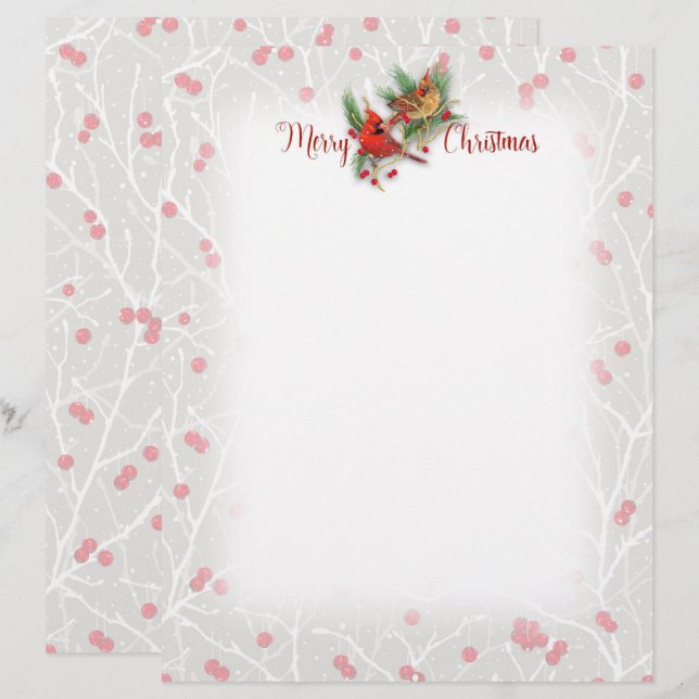 Papel Timbrado Snowy Cardinals Feliz Cabeça de Natal (Frente/Verso)