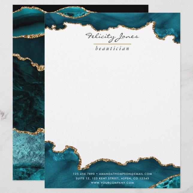 Papel Timbrado Teal - Geodo de Ágata Turquesa e Dourado Corporati (Frente/Verso)