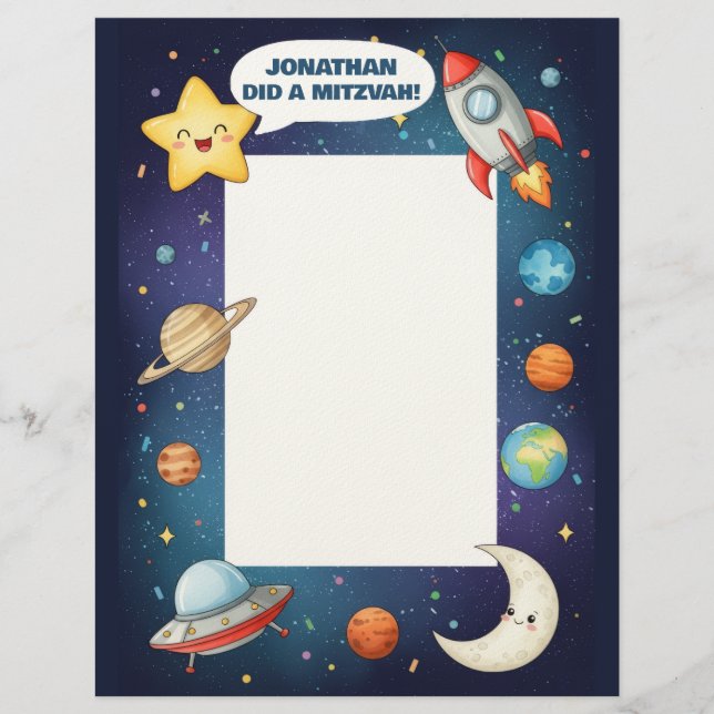 Papel Timbrado Tema do Espaço Exterior Nome Personalizado Mitzvah (Frente)