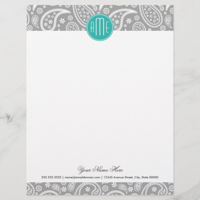 Papel Timbrado Teste padrão cinzento floral chique de Paisley & (Frente)