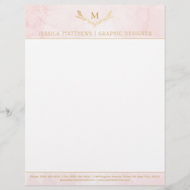 Papel Timbrado Trendy Blush Pink & Gold Foil Monograma Wreath (Frente)