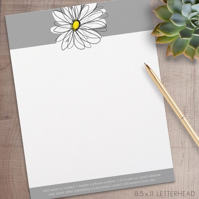 Papel Timbrado Trendy Daisy com cinza e amarelo (Personalized Letterhead )