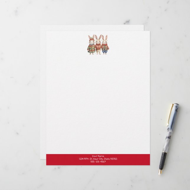 Papel Timbrado Três pequenos coelhos, corados, vermelhos de Natal (Frente/Verso In Situ)