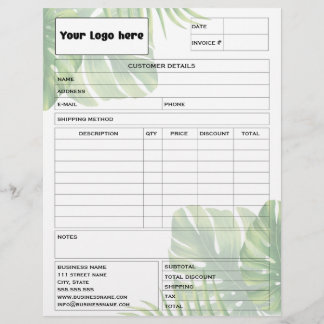 Papel Timbrado Tropical Leaf Invoice Business Sales Form Receipt