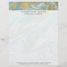 Papel Timbrado Turquesa & Ágata Dourada Geodo Redondo Turbilhão