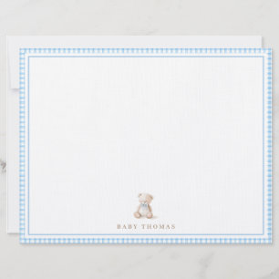 Papel Timbrado Ursa de pelúcia fofa cartãozinho azul xadrez para 