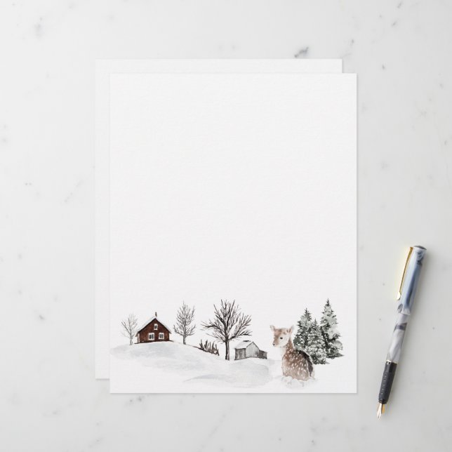 Papel Timbrado Veado da Paisagem da Neve do Inverno (Frente/Verso In Situ)