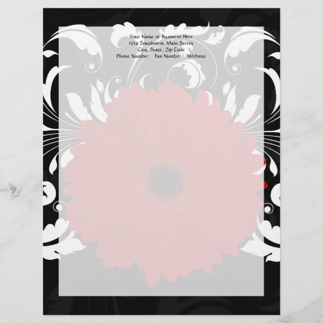 Papel Timbrado Vermelho brilhante Gerbera Daisy em preto (Frente)