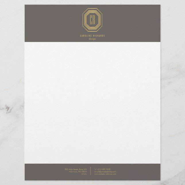 Papel Timbrado Vintage Art Deco Monograma Dourado/Cinza (Frente)