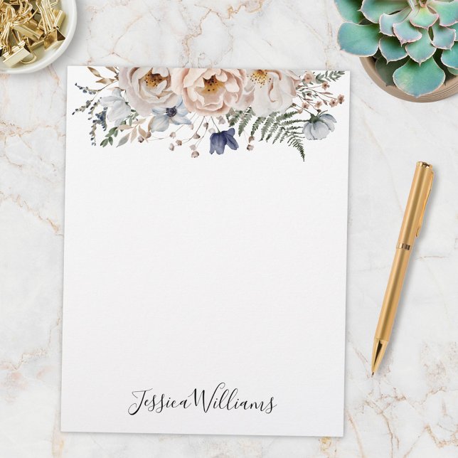 Papel Timbrado Watercolor Pretty Beige Blue Personalized Floral (In situ)