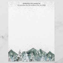 Papel Timbrado Watercolor Snowy Winter Mountain Forest Tres