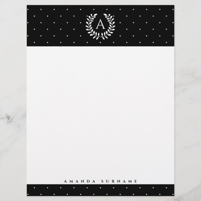 Papel Timbrado White On Black Laurel Monogram Polka Dot Pattern (Frente)