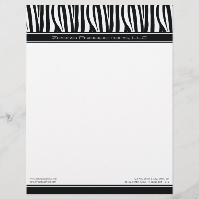 Papel Timbrado Zany Zebra Black Personalizado Designer Letterhead (Frente)