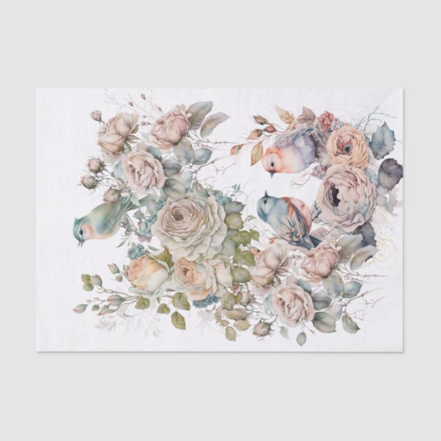 Papel tissue de aves e rosas chiques (Frente )