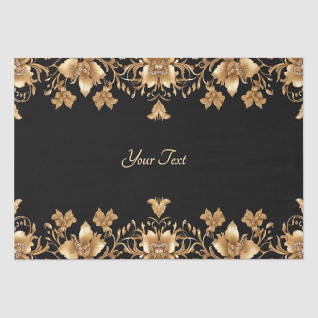 Papel Tissue Floral Ornatado Dourado Preto (Frente )