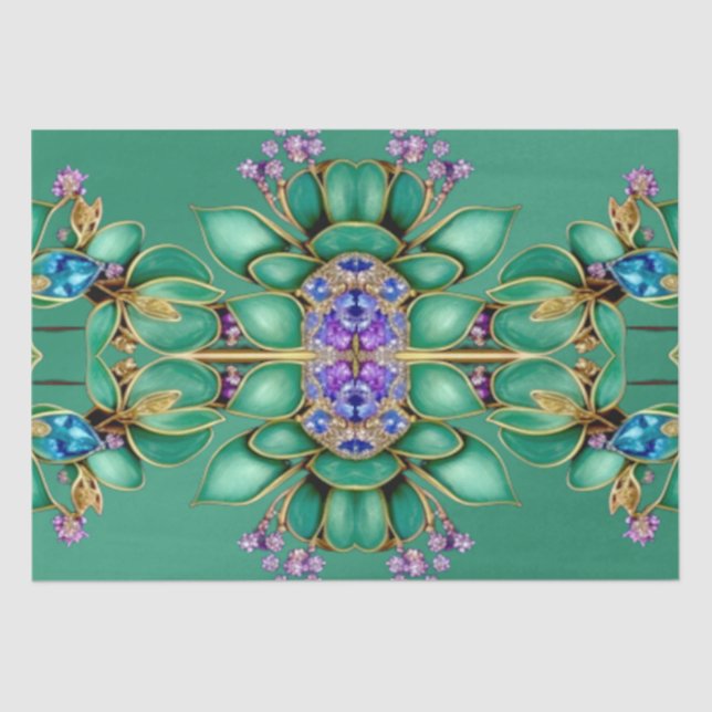 Papel Tissues Folhas Verdes Pedras Preciosas Roxas (Frente )