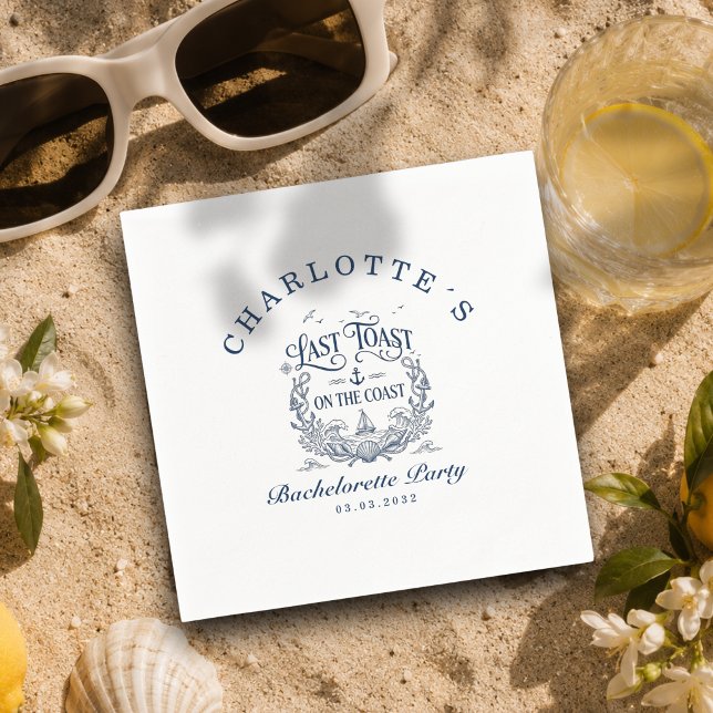 Papel Último brinde na costa! Guardanapo de despedida de (Last Toast on the Coast! Blue Stripe Bachelorette Party Napkin)