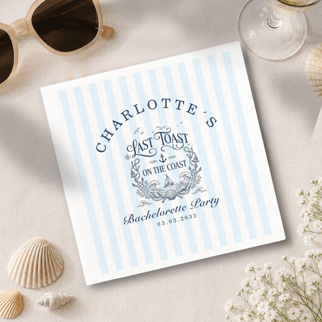 Papel Último brinde na costa! Guardanapo de despedida de (Last Toast on the Coast! Blue Stripe Bachelorette Party Napkin)