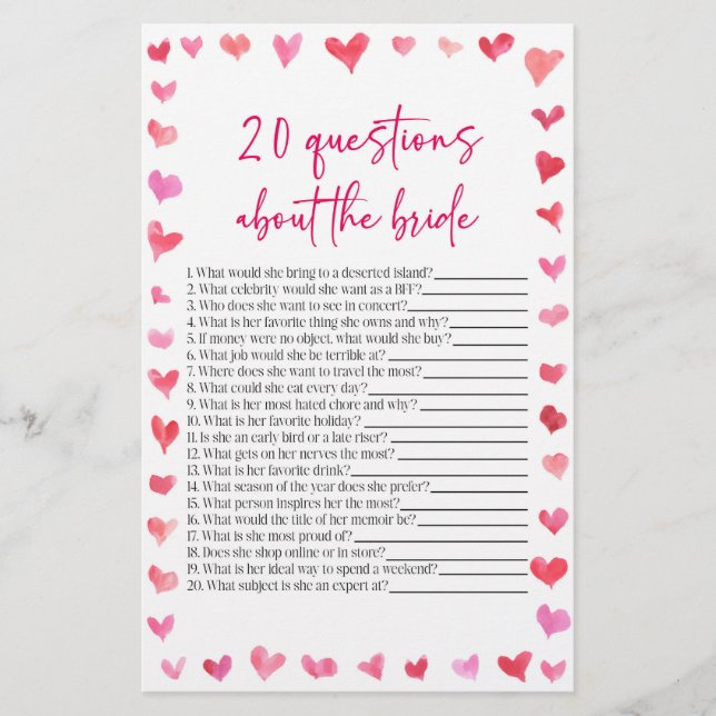 Papelaria 20 Questions About The Bride Bridal Shower Game  (Frente)