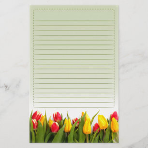 Papelaria A tulipa amarela vermelha floresce o fundo verde