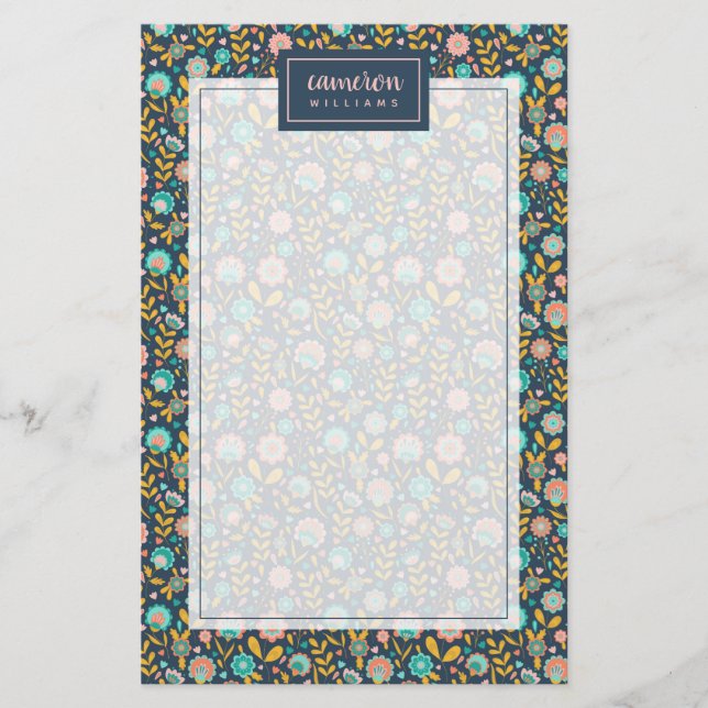 Papelaria Adicionar Seu Nome| Padrão de Flor de Arte Folclór (Frente)
