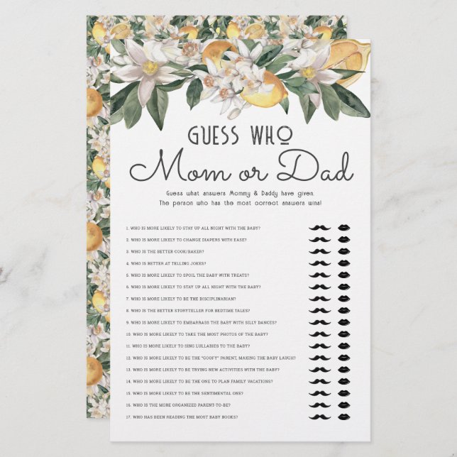 Papelaria Adivinhe Quem Mãe Ou Pai De Chá de fraldas De Citr (Frente/Verso)