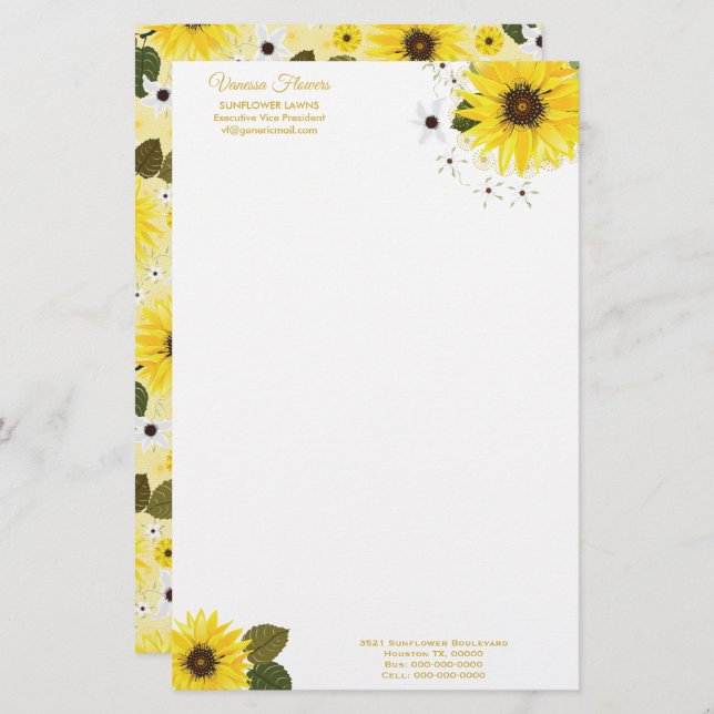 Papelaria Amarelo Sunflower Country Floral (Frente/Verso)