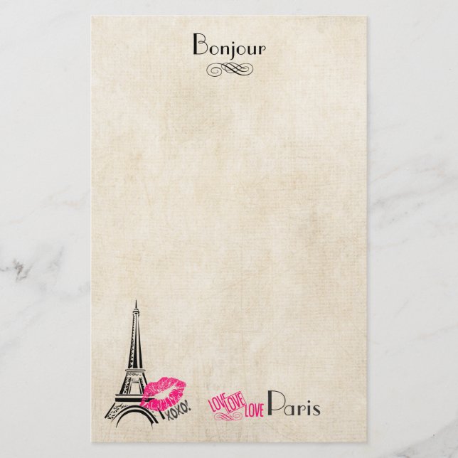 Papelaria Amor Paris com Torre Eiffel em Textura Pergaminho (Frente)