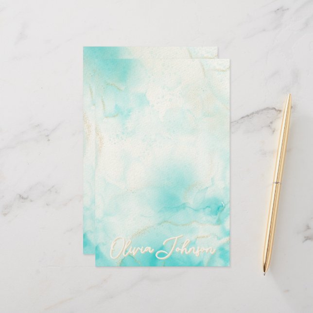 Papelaria Aqua Dourada Aqua Moderna Arte a Álcool Oceânica O (Frente/Verso In Situ)