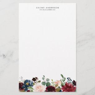 Papelaria Aquarela Borgonha e Flores Azuis Marinhos Garland