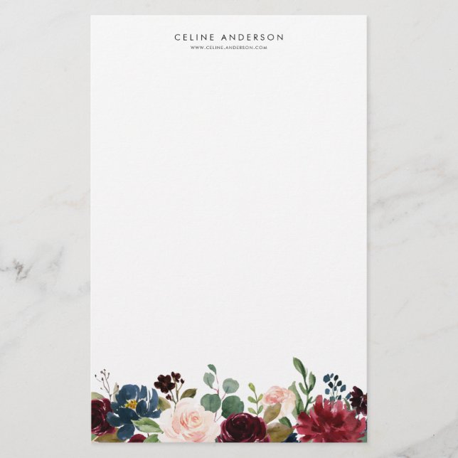 Papelaria Aquarela Borgonha e Flores Azuis Marinhos Garland (Frente)